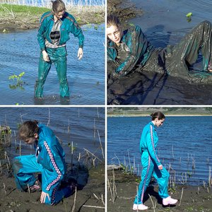GIrl trashing her shiny LazyOaf tracksuit