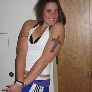 Adidas womans blue pants white stripes cross tattoo