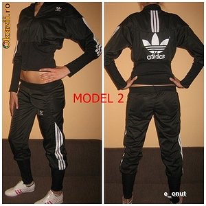Adidas womans black suit two shot pose huge back logo
