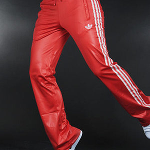 Adidas womans red pants with white stripes tip toes
