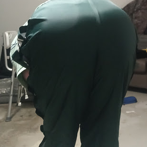 My big bottom in my Green Shirt Forest Green Nylon Pants.png