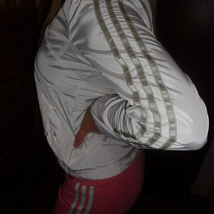 Adidas womans silver jacket with red and white pants