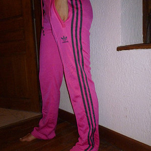 Adidas womans dark pink pants with blue stripes