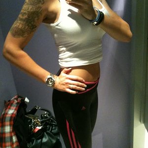 Adidas womens black pants with red stripes white sporty top