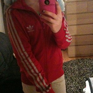 Adidas womens red jacket white stripe camera