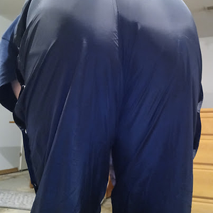 Me bending over in my American Eagle AE Outfitter Dark Blue Nylon Pants (with my big nylon bottom)