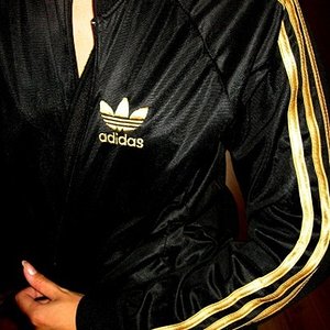 Adidas womens black jacket gold logo stripes top