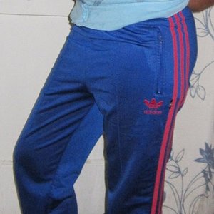 Adidas womens blue pants red stripe small logo angle