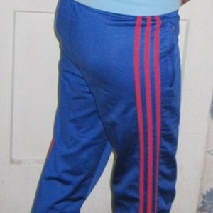 Adidas womens blue pants red stripe rear view no logo
