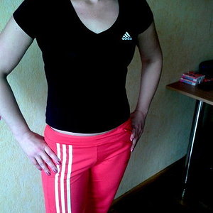 Adidas womens red pants white stripe black tshirt