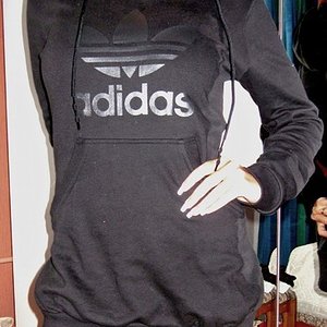 Adidas womens black top draw strings big logo pose