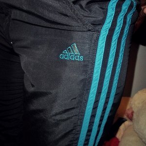 Adidas womens black pants blue stripe close logo