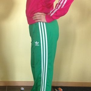 Adidas womens green pants red jacket stripes