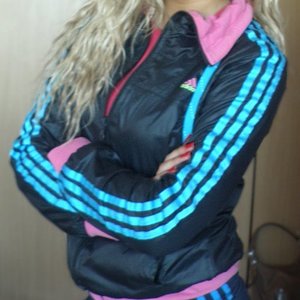 Adidas womens black jacket skyblue stripes cross arms