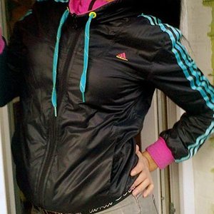 Adidas womens black jacket blue stripes pull strings