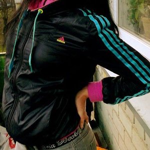 Adidas womens black jacket blue stripes pull strings side