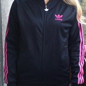 Adidas womens black jacket pink stripes frontal