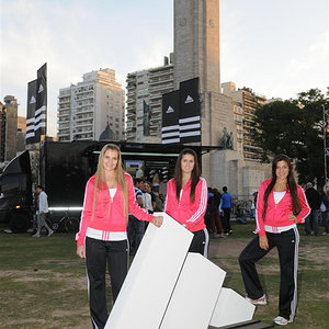 Adidas womens black pants pink jackets group pose