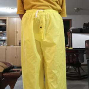 Me in my yellow shirt & my NEW yellow nylon pants w/my hands behind my back 2 (front)