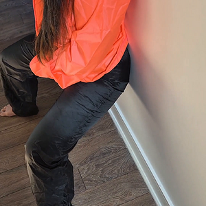 Shiny rainwear jacket with nylon pants - swishy orange wetlook