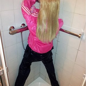 Me taking a shower in adidas AC windbreaker pink