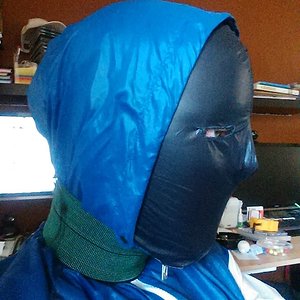 Nike windrunner summerized with homemade nylon hood(black) and elastic cuff around my neck.