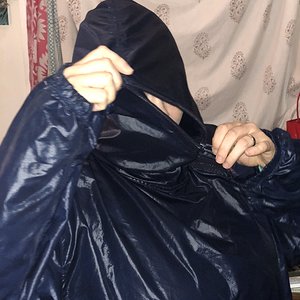 shiny blue pullover with full zip hood. Oh my.