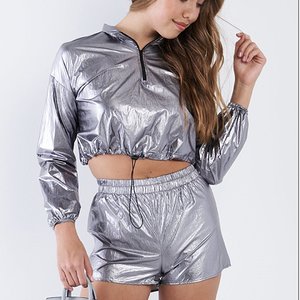 Metallic Lightweight Drawstring Crop Top And Shorts Set.jpg