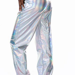 VISNXGI High Waisted Metallic Shiny Loose Sweatpants for Women Night Club Holographic Joggers Pants Beam Foot 