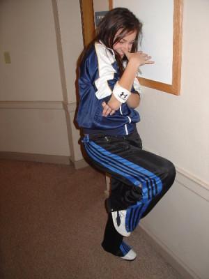 Adidas black pants blue stripe camera shy