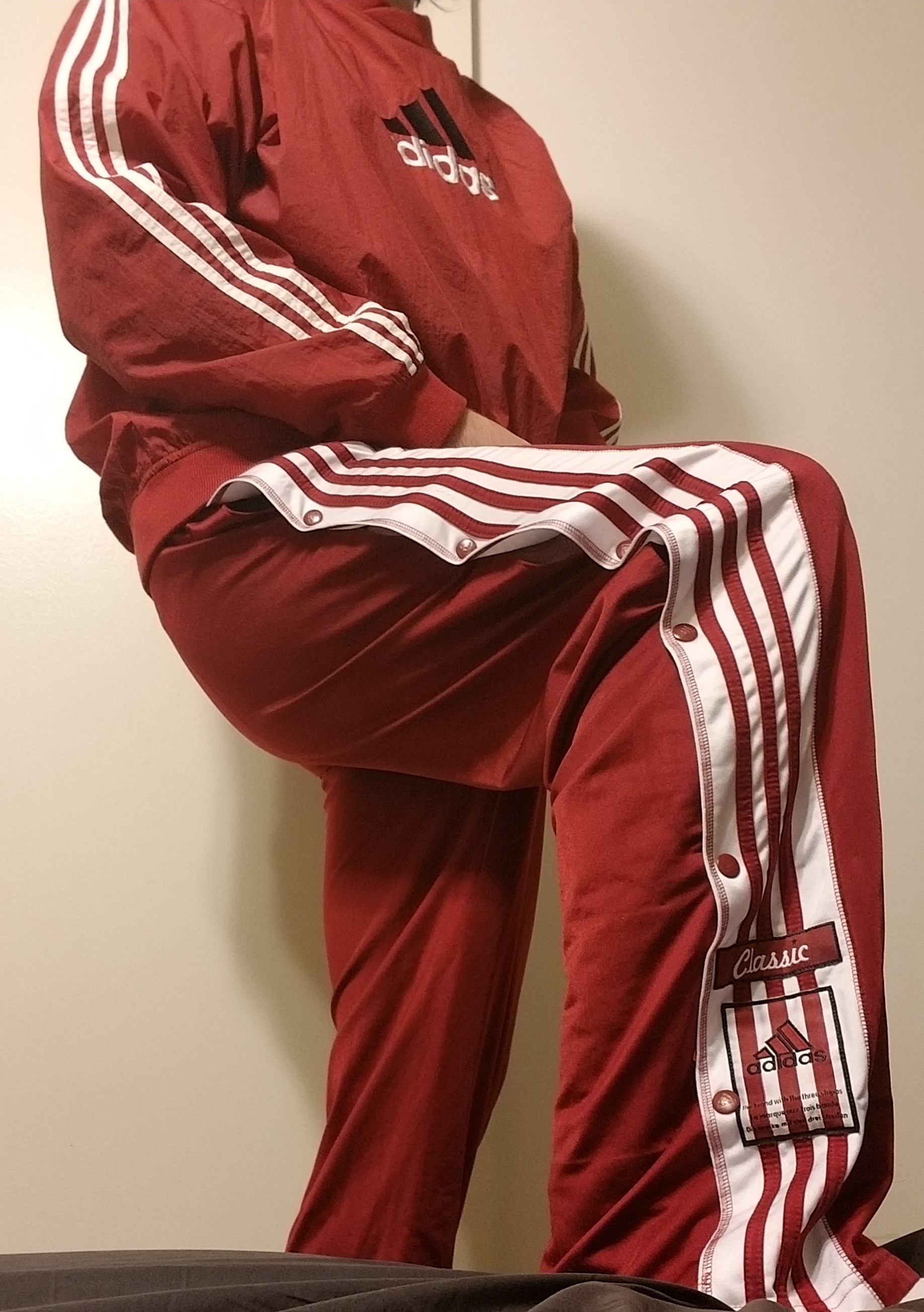 Adidas popper pants with swishy red pullover