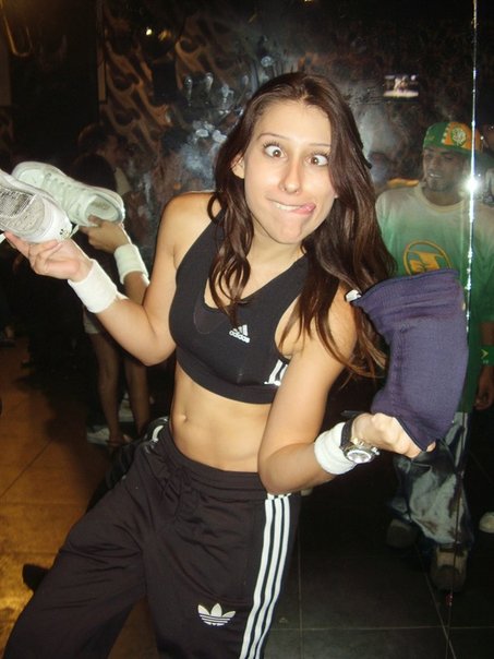 Adidas womans black pants sporty black top goofy face