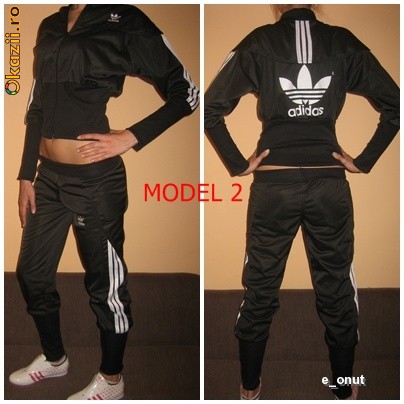 Adidas womans black suit two shot pose huge back logo