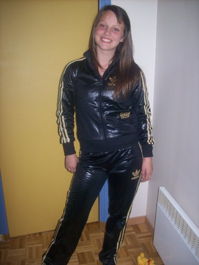 Adidas womans super shiny suit front pose shine
