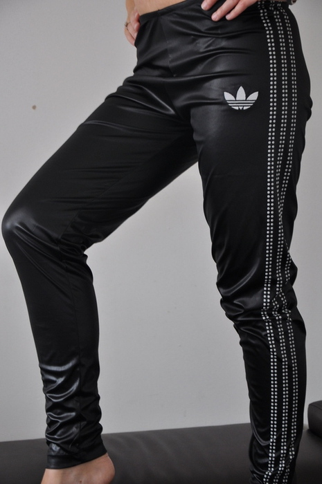 Adidas womans tight shiny black pants with white stripes small logo side