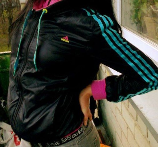 Adidas womens black jacket blue stripes pull strings side Shiny Sports