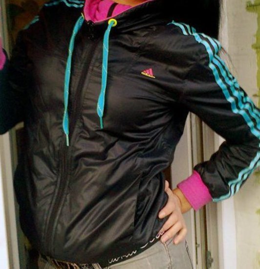Adidas womens black jacket blue stripes pull strings Shiny Sports