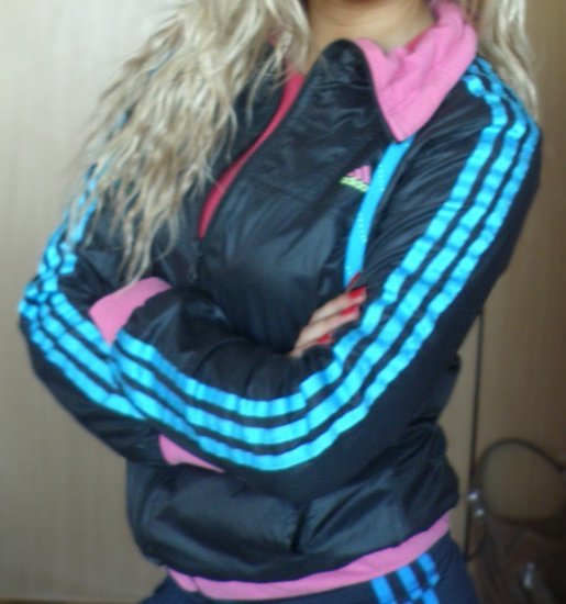 Adidas womens black jacket skyblue stripes cross arms