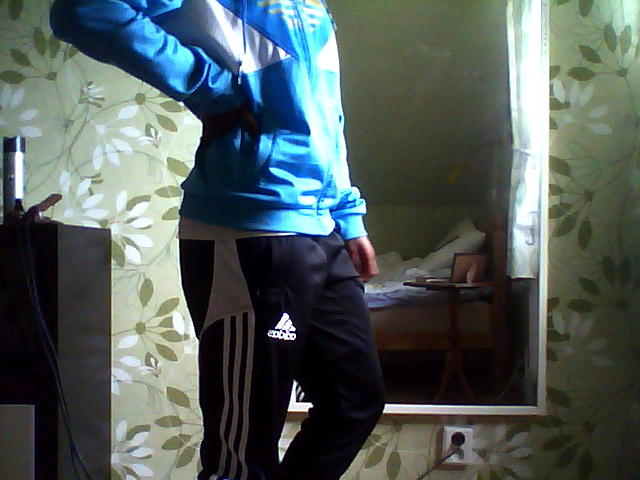 Adidas womens black pants blue long sleeve top side pose