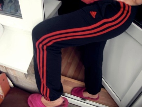 Adidas womens black pants red trim high knee pose slippers