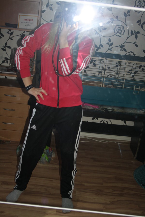 Adidas womens black pants with white stripes sporty red Adidas jacket