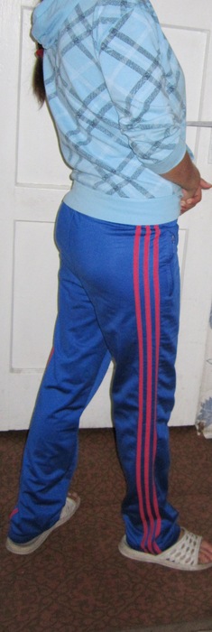 Adidas womens blue pants red stripe rear view no logo