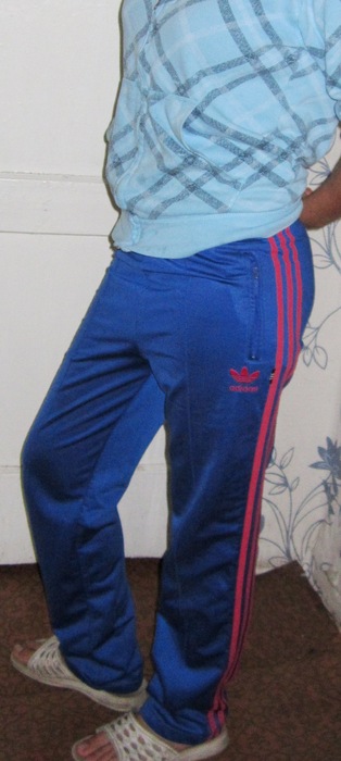 Adidas womens blue pants red stripe small logo angle