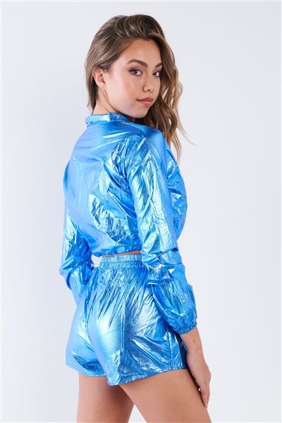 Blue Metallic Lightweight Drawstring Crop Top & Shorts Set _3-2-1.jpg