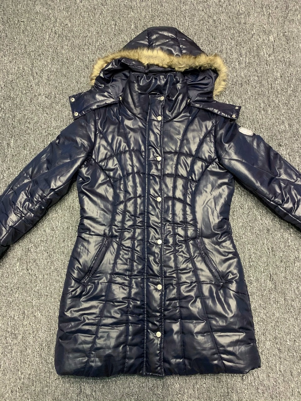 Dark blue hooded nylon coat