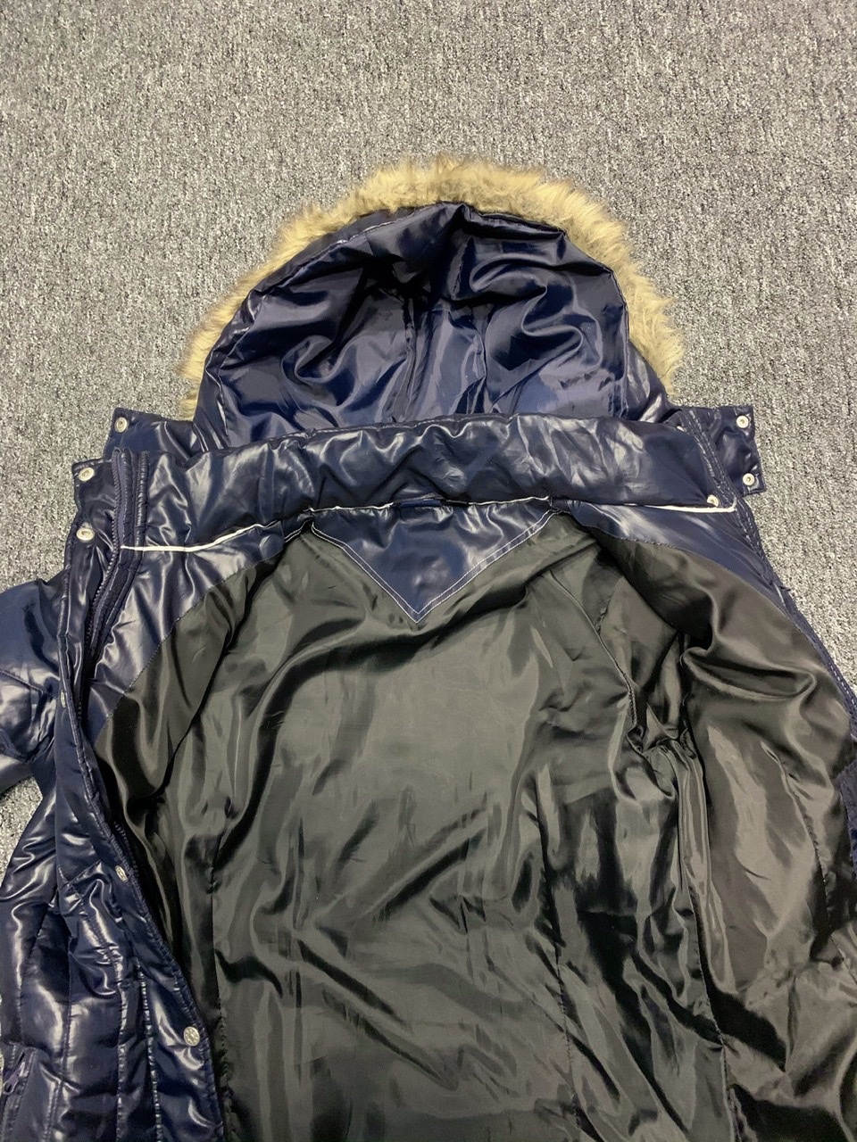 Dark blue hooded nylon coat