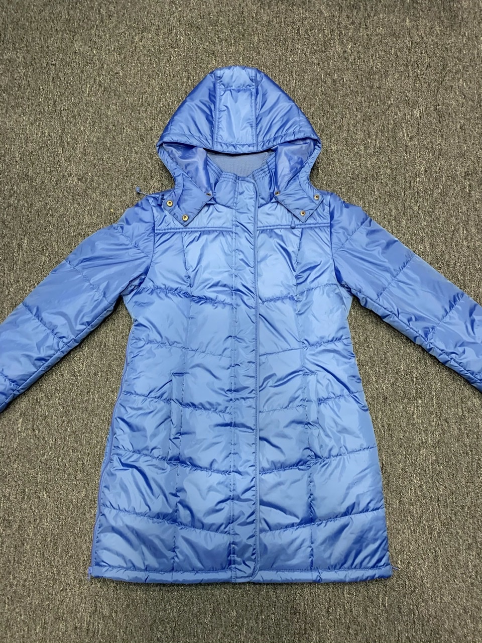 Light blue hooded nylon coat