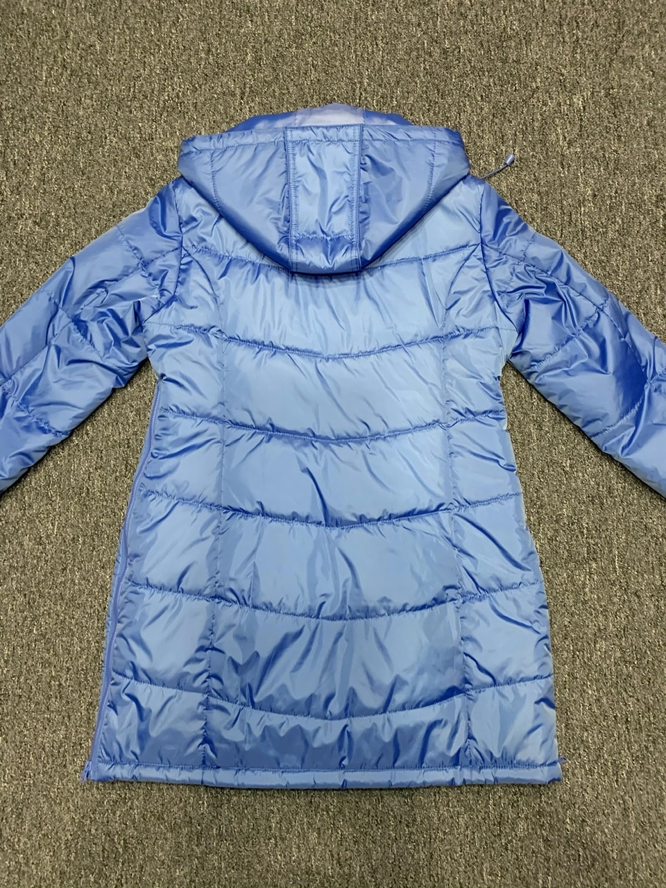 Light blue hooded nylon coat