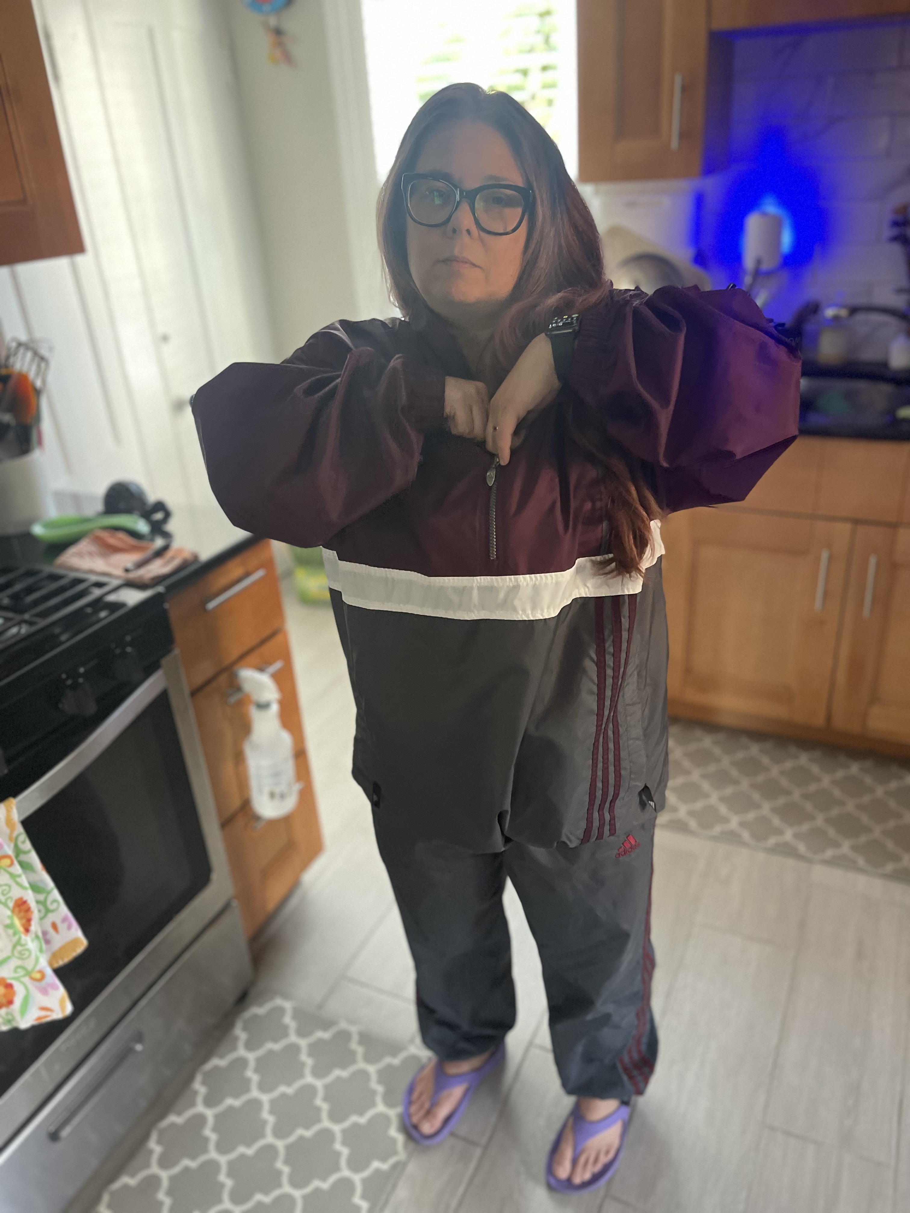 Maroon/gray adidas suit