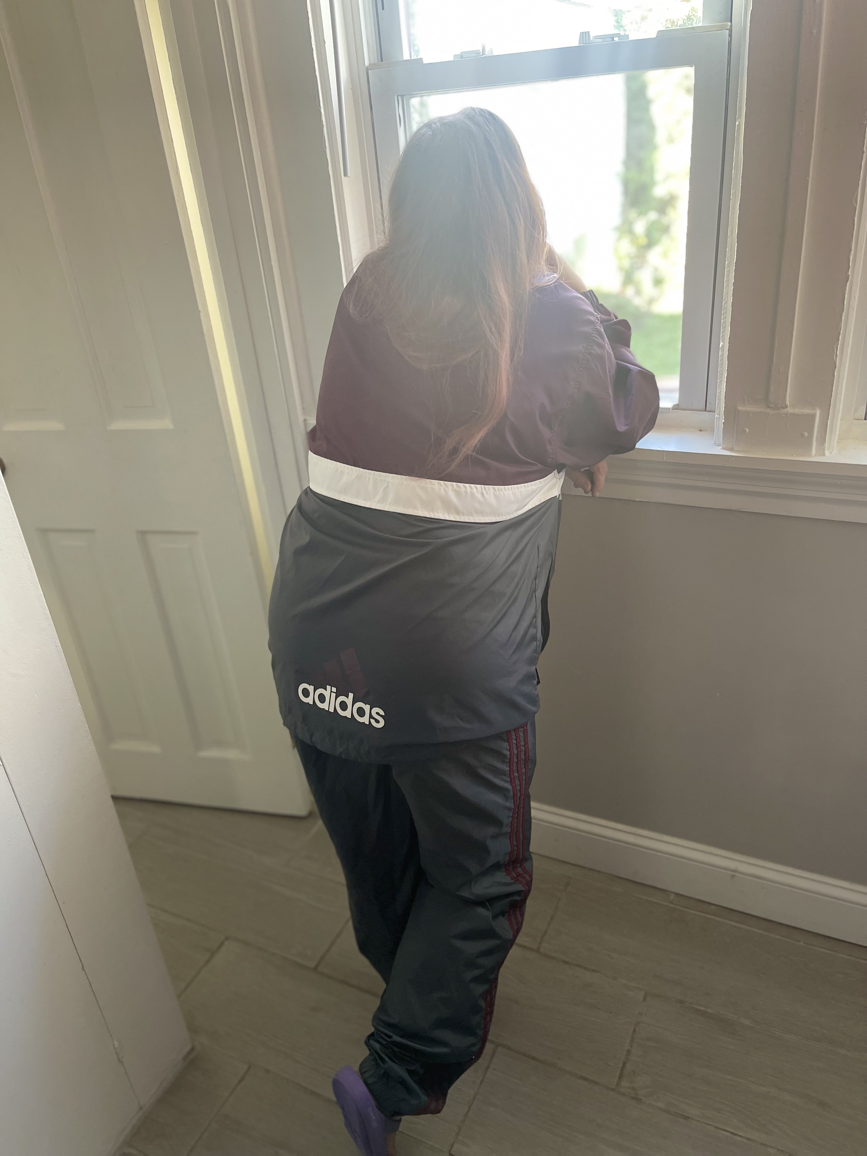 Maroon/gray adidas suit